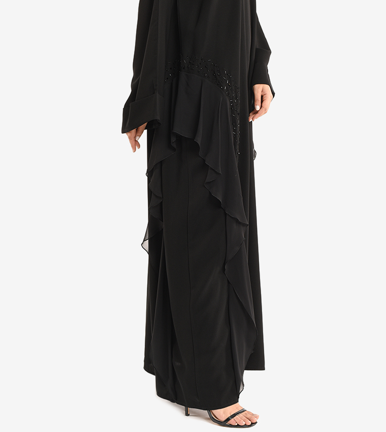 Long Sleeve V Neck Abaya - Black