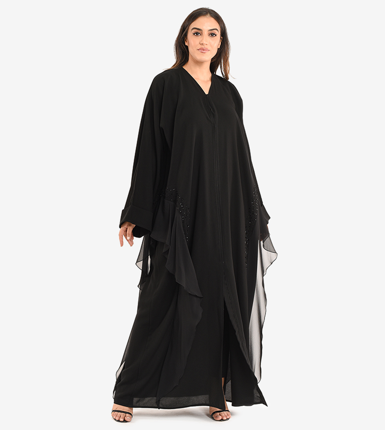 Long Sleeve V Neck Abaya - Black