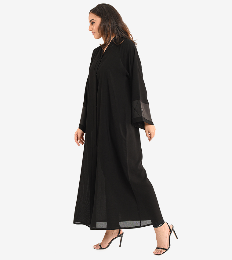 Long Sleeve V Neck Abaya - Black