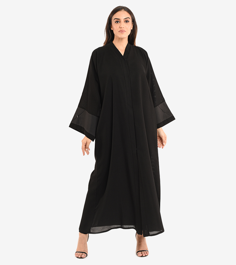 Long Sleeve V Neck Abaya - Black