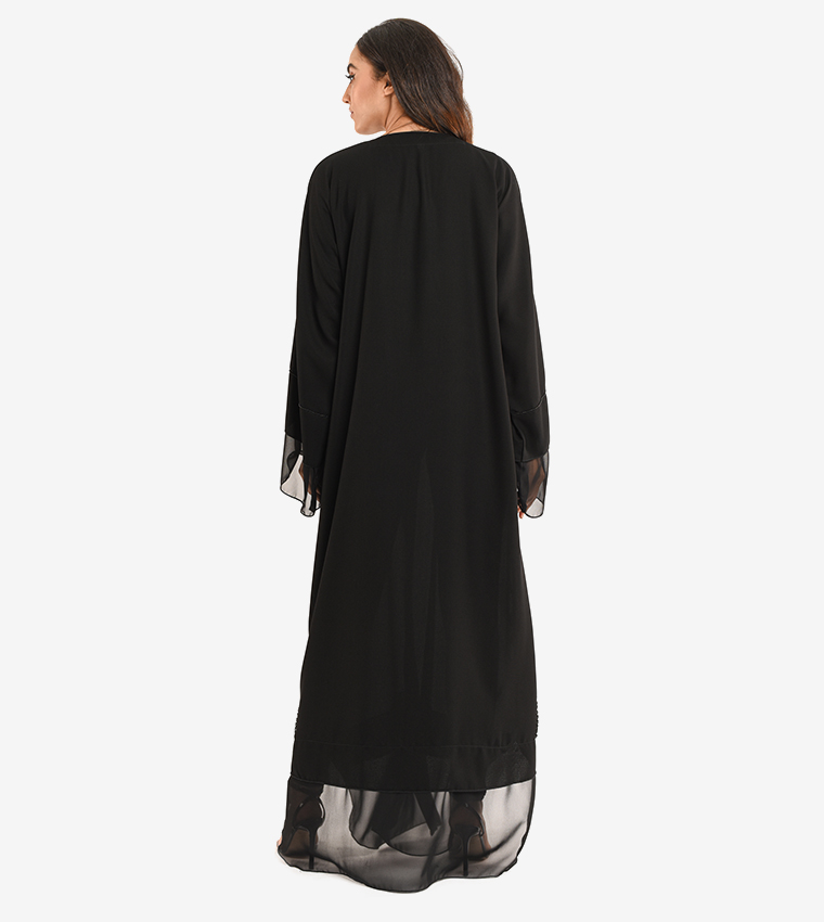 Long Sleeve V Neck Abaya - Black