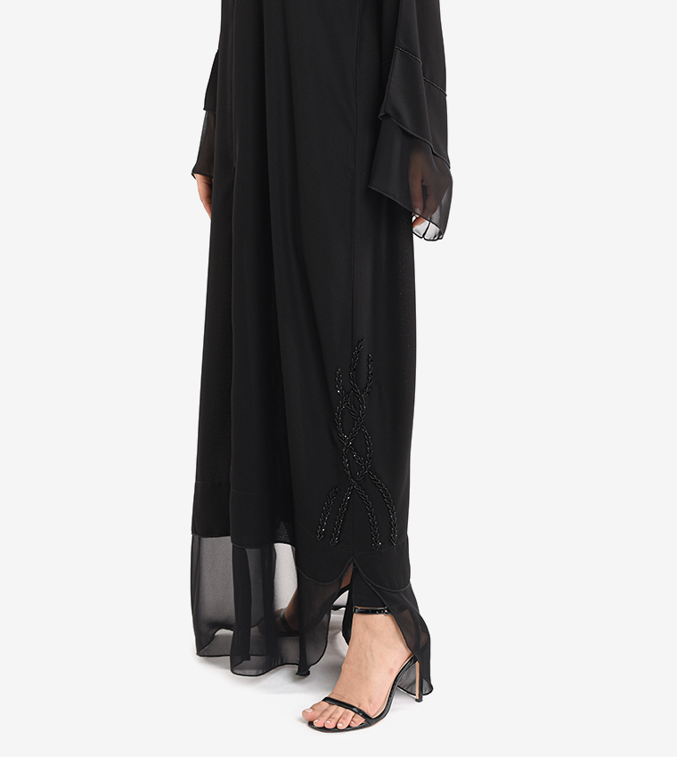 Long Sleeve V Neck Abaya - Black