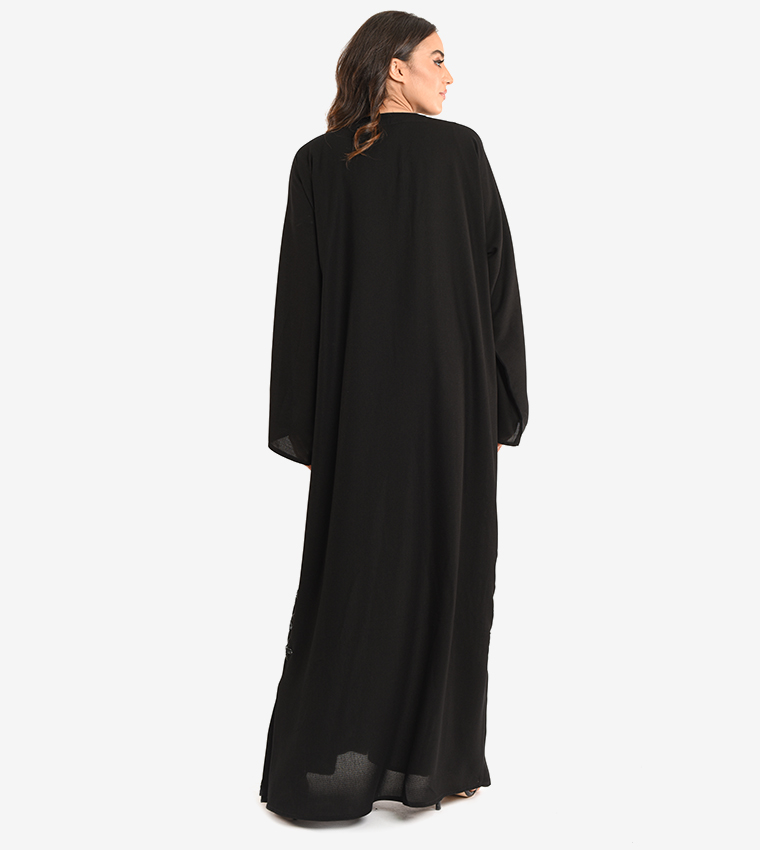 Long Sleeve V Neck Abaya - Black