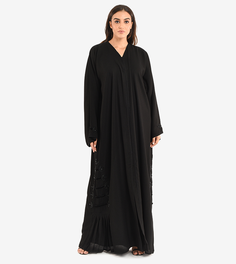 Long Sleeve V Neck Abaya - Black