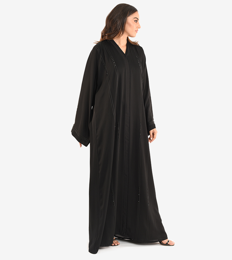 Long Sleeve V Neck Abaya - Black