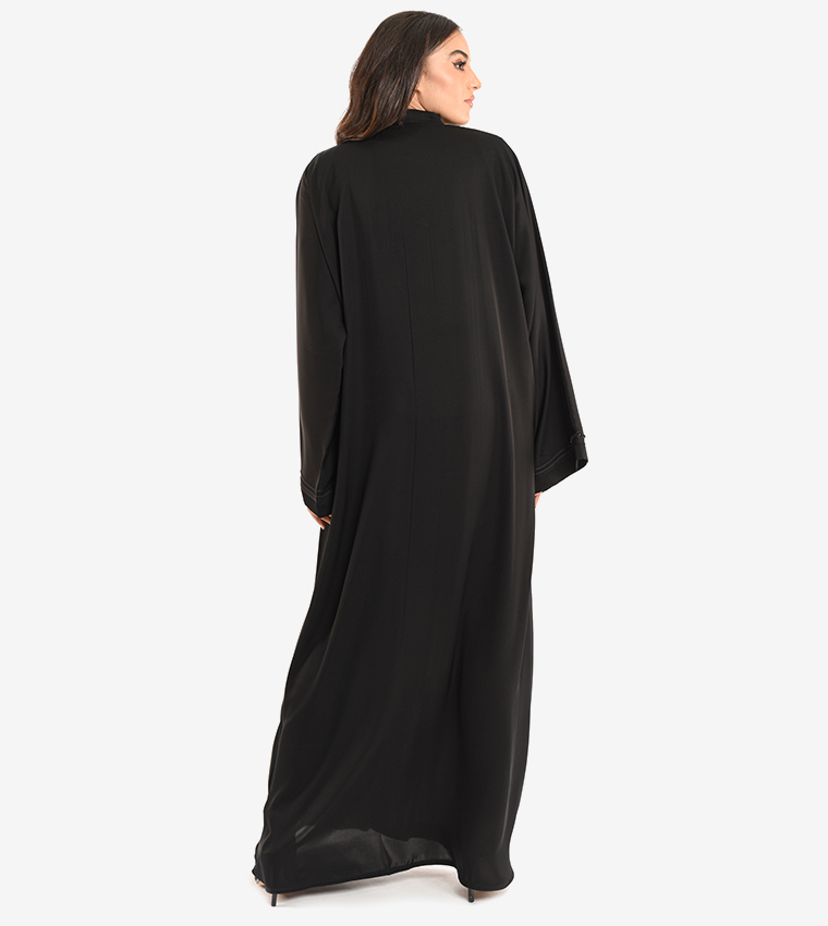 Long Sleeve V Neck Abaya - Black