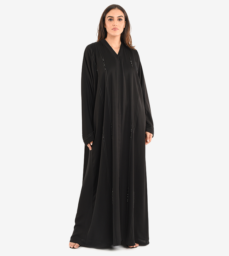 Long Sleeve V Neck Abaya - Black