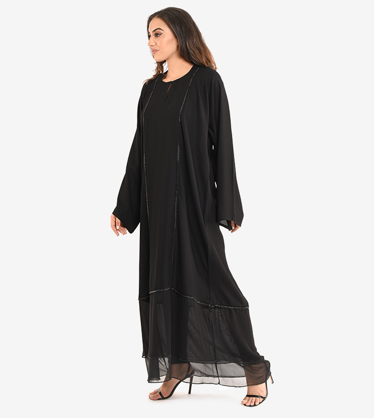 Long Sleeve V Neck Abaya - Black