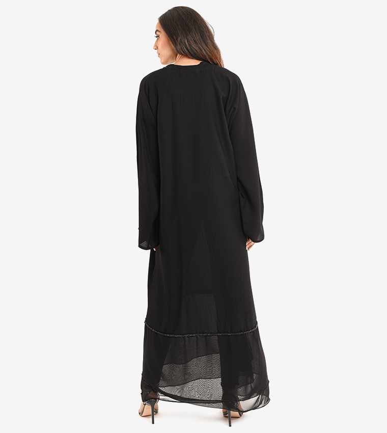 Long Sleeve V Neck Abaya - Black
