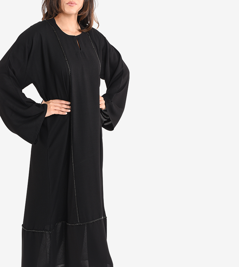 Long Sleeve V Neck Abaya - Black