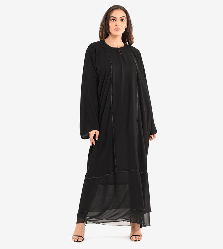 Long Sleeve V Neck Abaya - Black