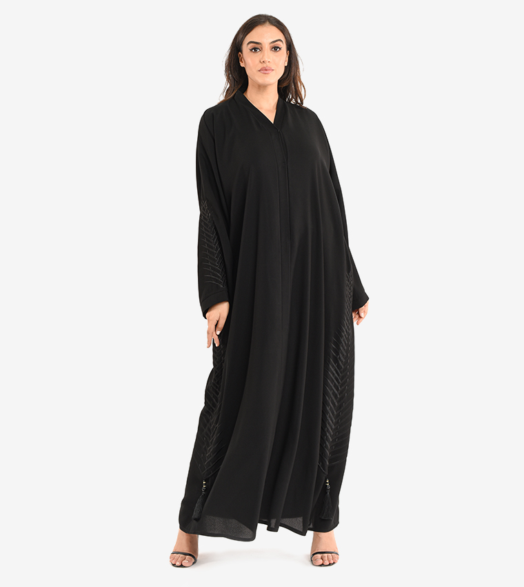 Long Sleeve V Neck Abaya - Black