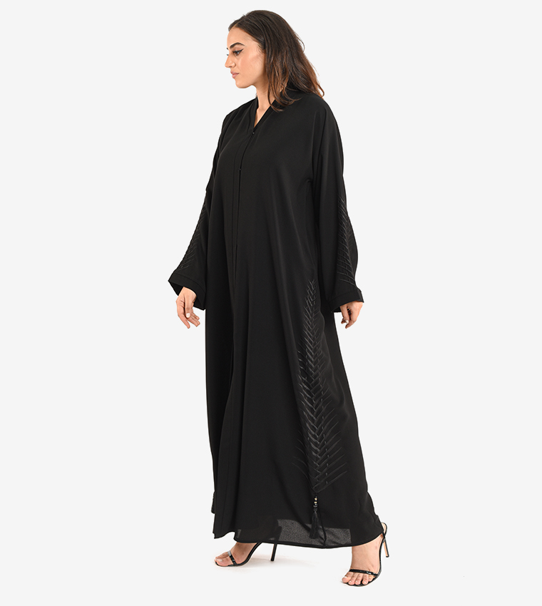 Long Sleeve V Neck Abaya - Black