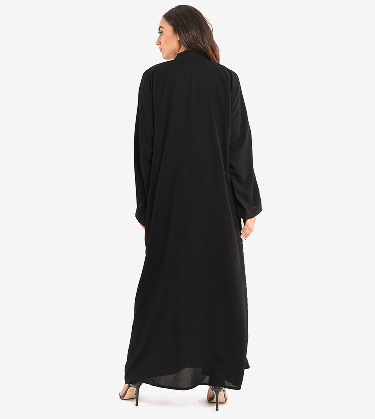 Long Sleeve V Neck Abaya - Black