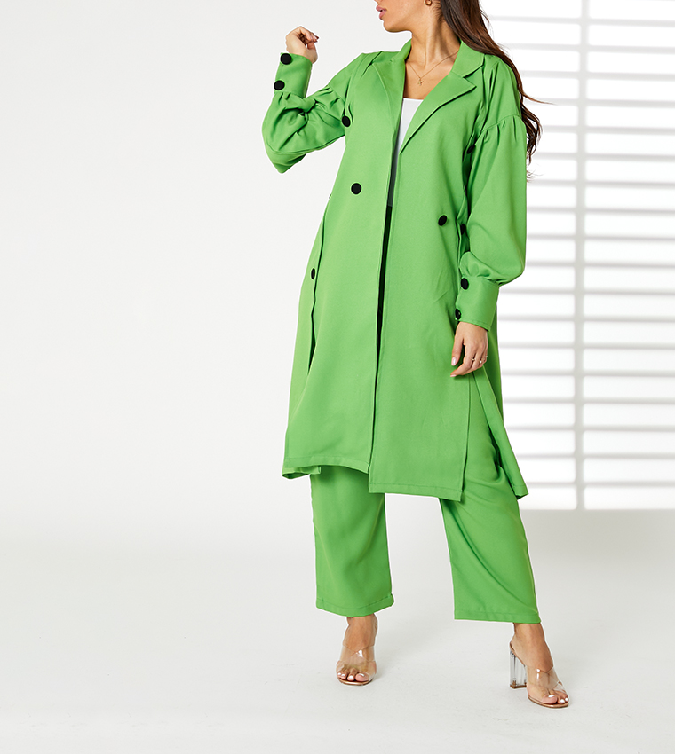 طقم معطف ترنش متوسط الطول بأزرار