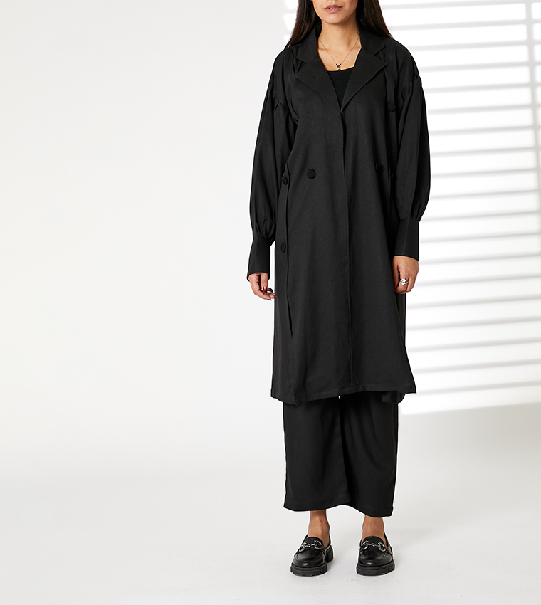 طقم معطف ترنش متوسط الطول بأزرار