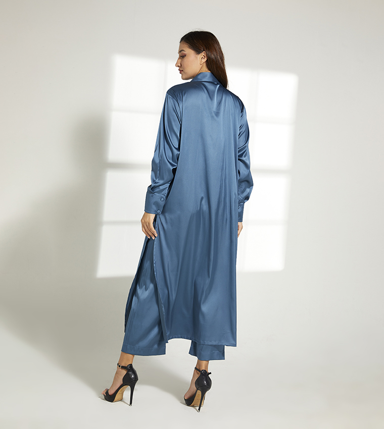 Shirt Collar Long Top and Pant Set