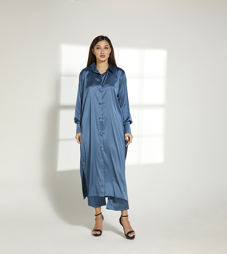 Shirt Collar Long Top and Pant Set