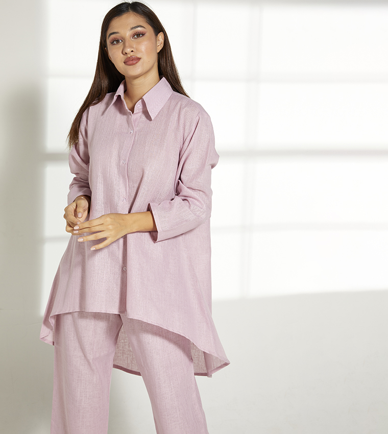 Shirt Collar High Low Tunic Set
