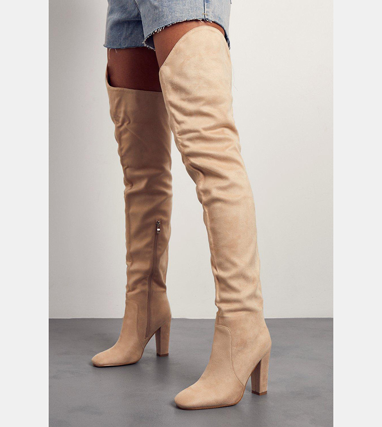Buy MissPap Faux Suede Extreme Knee Thigh High Boots In Beige ...