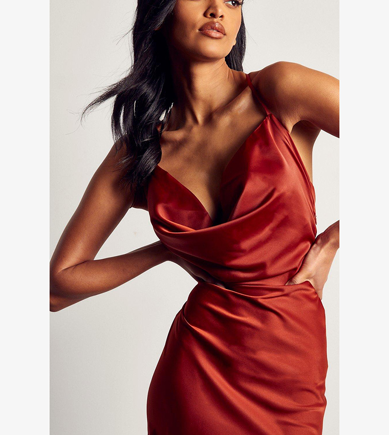 Buy MissPap Premium Satin Cowl Neck Mini Dress In Orange | 6thstreet Bahrain