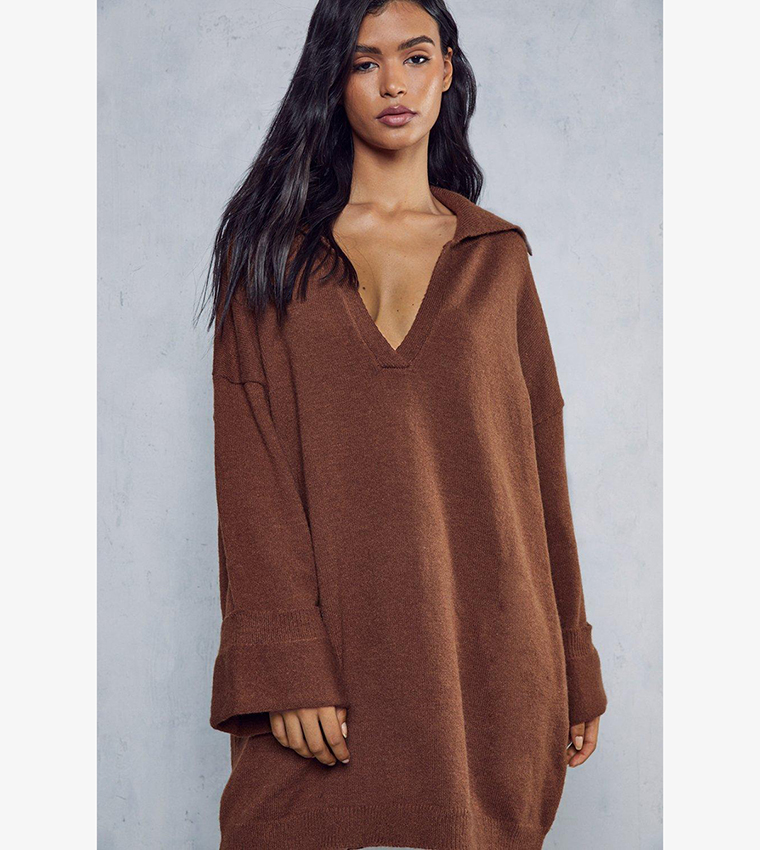 Buy MissPap Oversized Collar Detail Sweater Dress In Brown