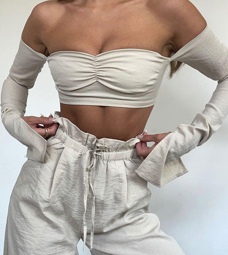 Buy Misspap Premium Ruched Bardot Long Sleeves Crop Top In Nude 6thstreet Saudi Arabia 2384