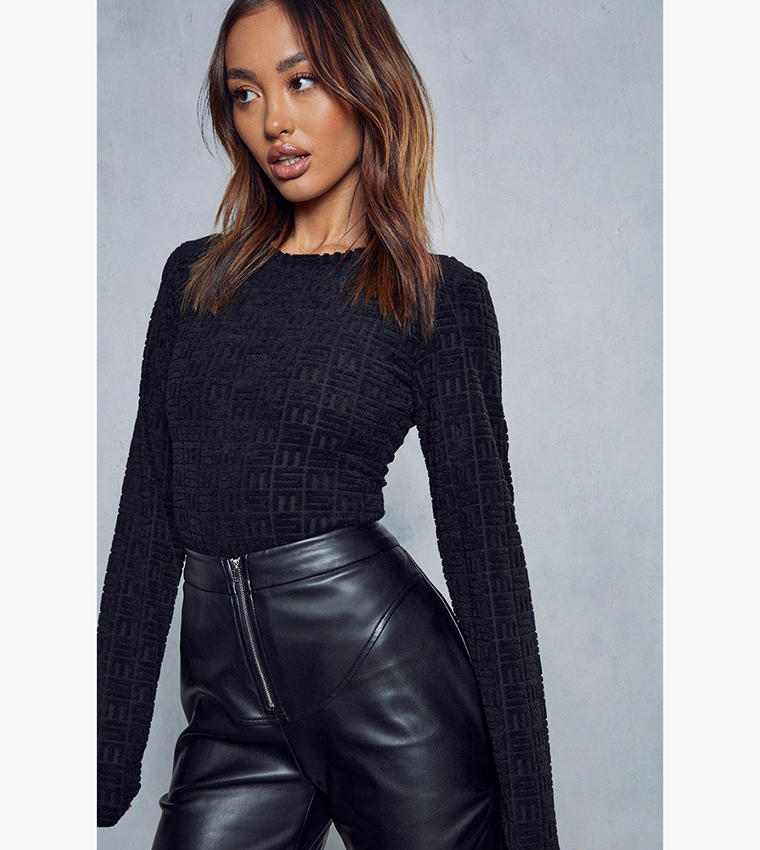 Buy MissPap Monogram Embossed Long Sleeves Bodysuit Top In Black