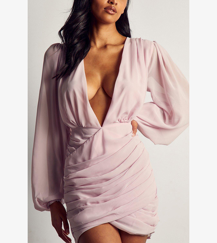 Buy MissPap Chiffon Wrap Puff Sleeves Mini Dress In Pink | 6thstreet Oman