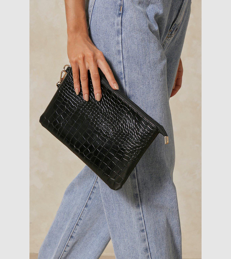 Buy MissPap Croc Leather Look Zip Top Clutch Bag In Black | 6thStreet Oman