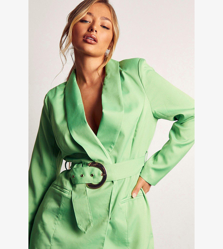 bcbg mint green dress Women Solid Green Lapel Collar Neck Sleeveless Belted Waist Wrap Tulip Hem  Mini Blazer Dress