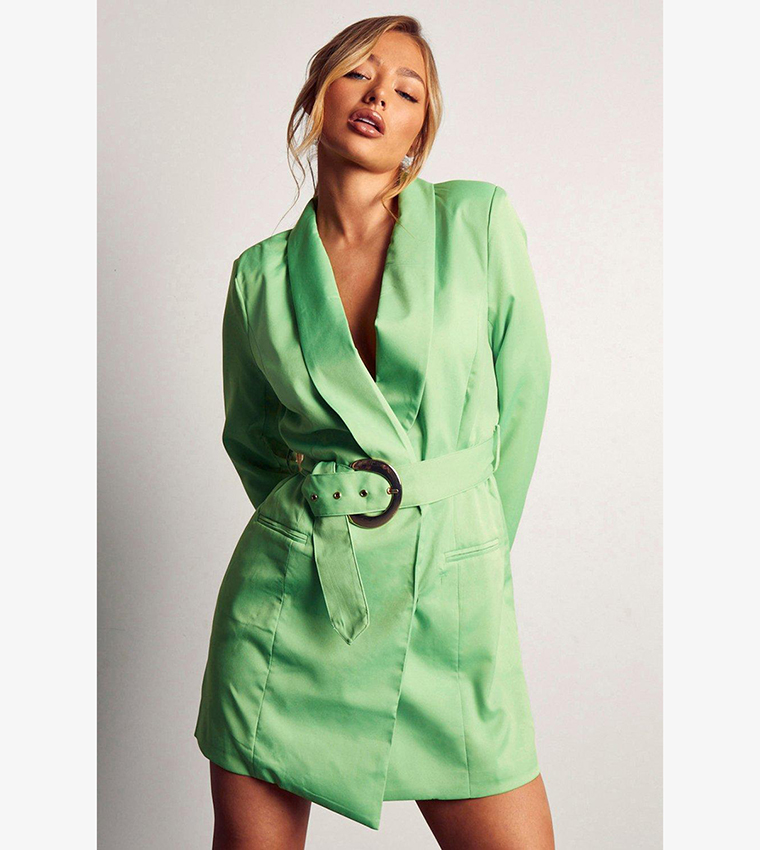 Buy MissPap Asymmetric Gold Buckle Belted Blazer Dress In Green | 6thstreet Bahrain Buy MissPap Asymmetric Gold Buckle Belted Blazer Dress In Green | 6thstreet Bahrain