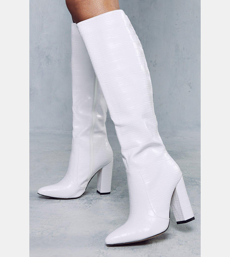 Buy MissPap Croc Knee High Heeled Boots In White 6thStreet UAE