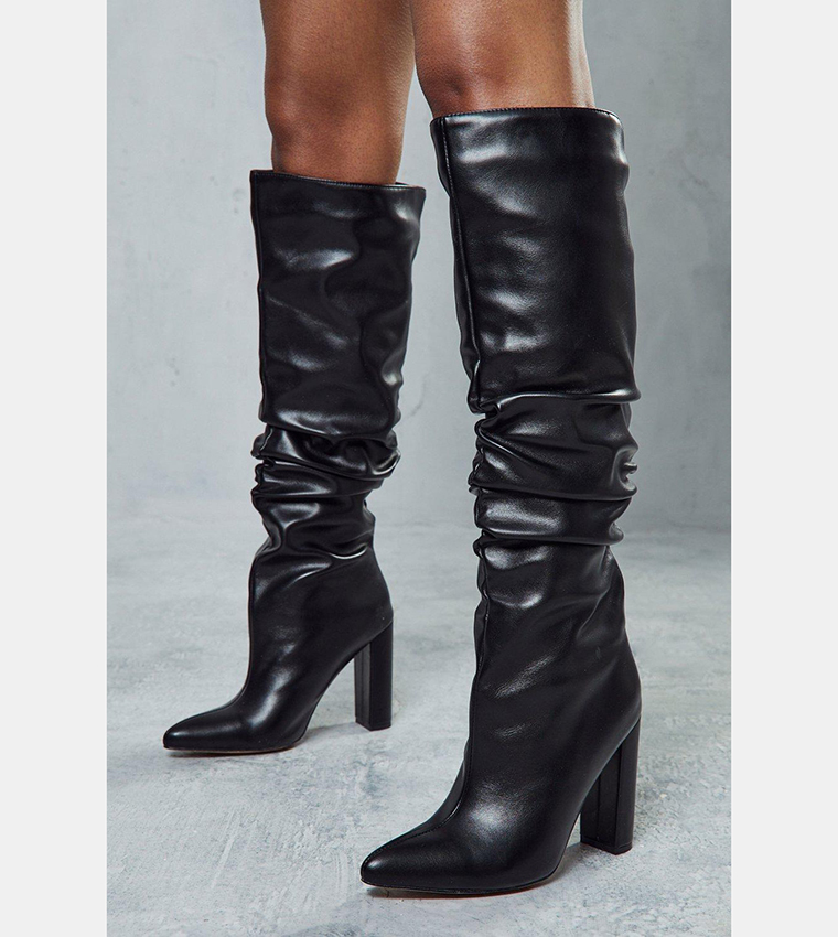 Buy MissPap Leather Look Pointed Toe Knee High Boots In Black ...
