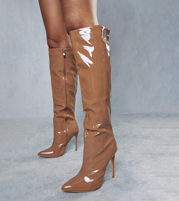 Patent Knee High Pointed Heeled Boots
