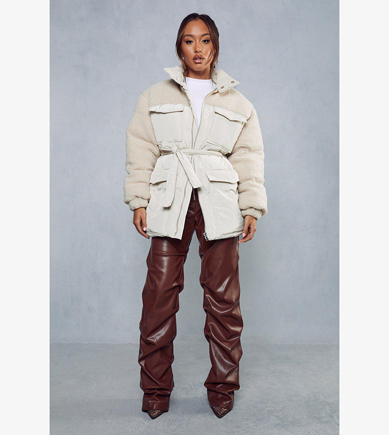 Buy MissPap Teddy Faux Fur Mix Belted Puffer Jacket In White