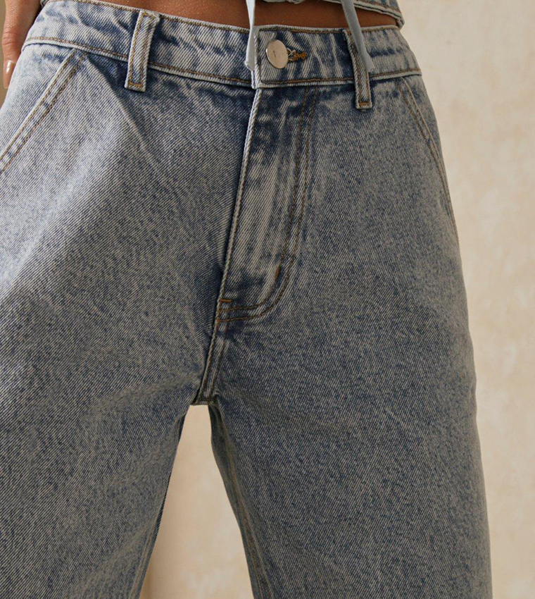 Black Raw Hem Straight Leg Loose High Waist Jeans