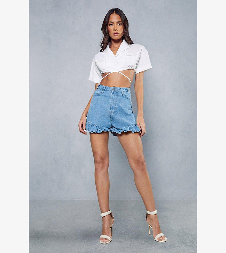 Buy MissPap High Waist Frill Hem Denim Shorts In Blue | 6thstreet