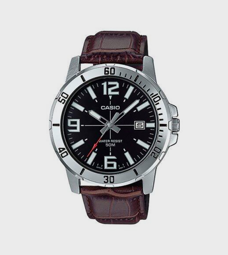 Black Dial Leather Strap Analog Watch