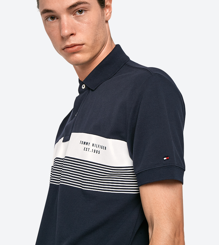 Tommy Hilfiger Horizontal Stripe Details Short Polo Shirt In Navy | Bahrain