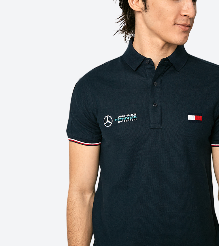 Mercedes Benz AMG Polo T Shirt EMBROIDERED Slim Fit Black Navy