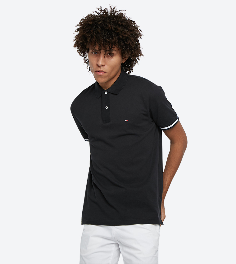 Short Sleeve Basic Tipped Regular Fit Polo Shirt - Black