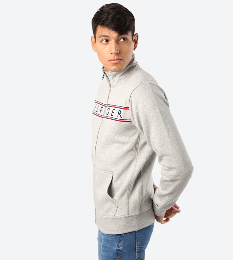 Full Zip Closure Long Sleeve Sweat Jacket - Grey