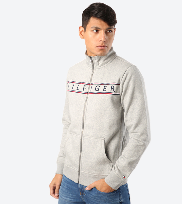 Full Zip Closure Long Sleeve Sweat Jacket - Grey
