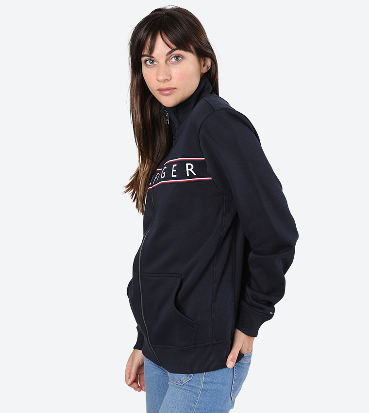 Logo Detail Zip Up Closure Long Sleeve Jacket - Navy