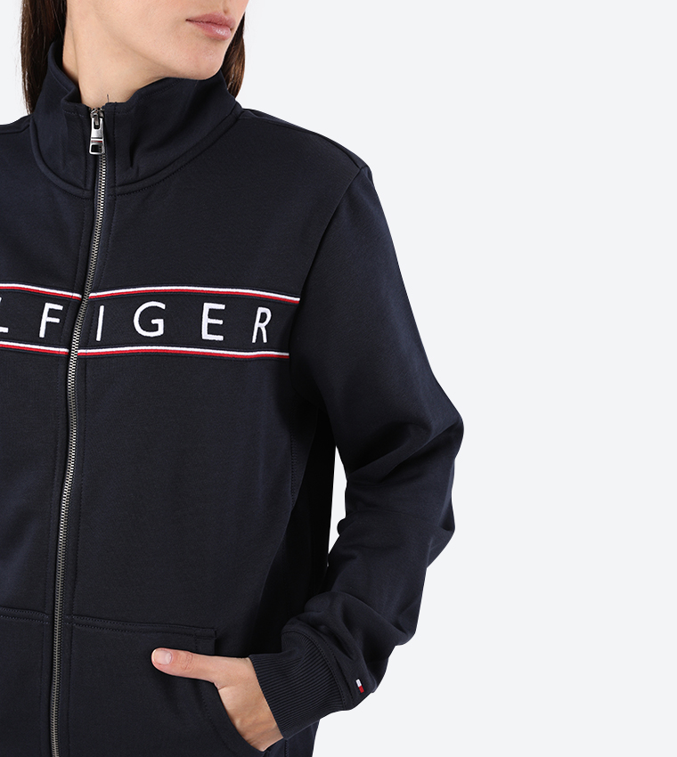 Logo Detail Zip Up Closure Long Sleeve Jacket - Navy