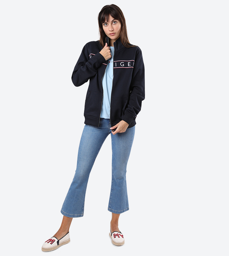Logo Detail Zip Up Closure Long Sleeve Jacket - Navy