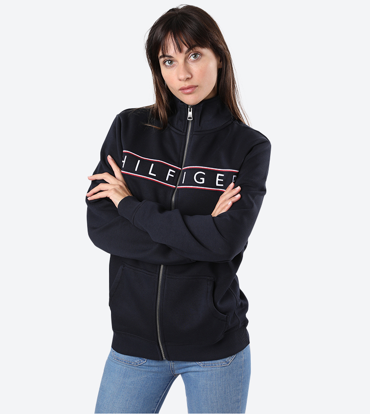 Logo Detail Zip Up Closure Long Sleeve Jacket - Navy