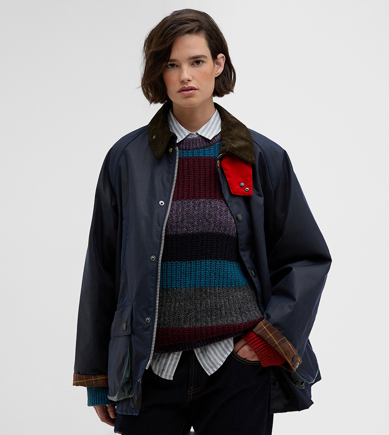 Buy Barbour OS Bedale Contrast Collar Wax Jacket In NAVY BLUE