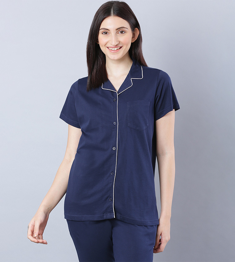 Buy HIS & HERS Solid Regular Pyjama Set In Blue | 6thStreet UAE